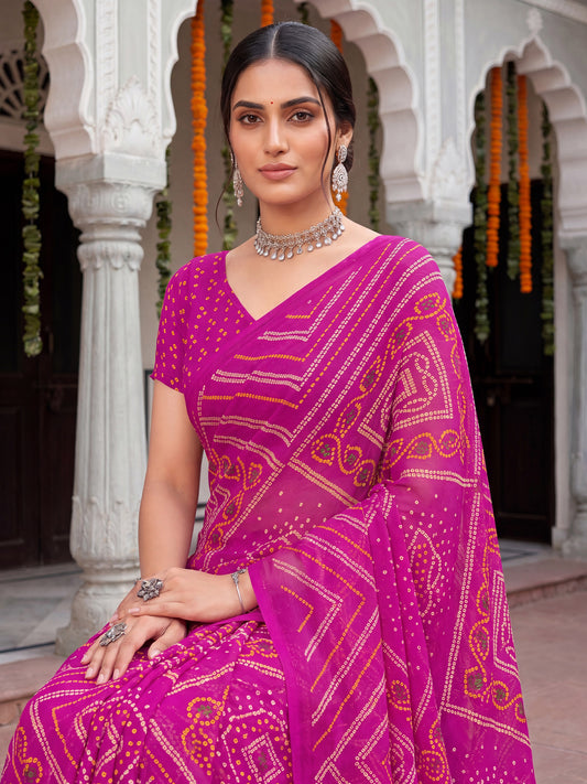 Rani Pink Bandhani Print Chiffon Saree