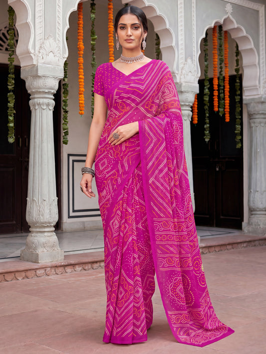 Rani Pink Bandhani Print Chiffon Saree