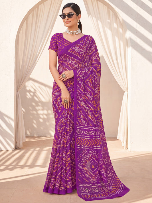 Purple Bandhani Print Chiffon Saree