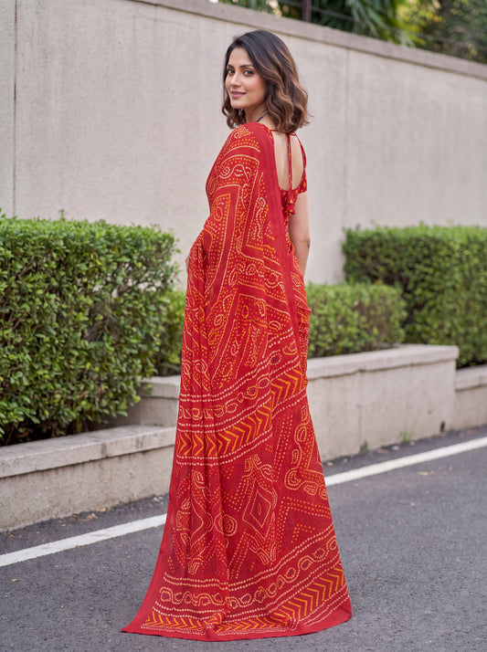 Mahika Red Bandhani Chiffon Saree with Printed Border & Red Blouse Piece