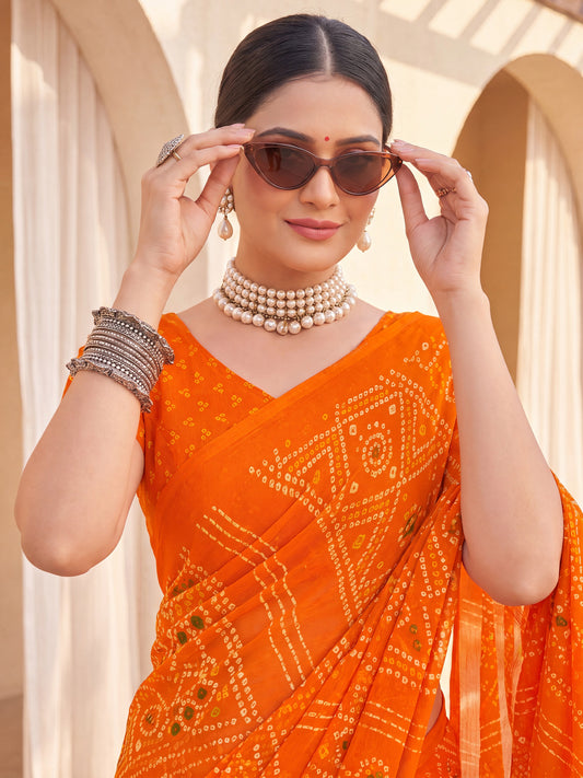Bright Orange Bandhani Print Chiffon Saree