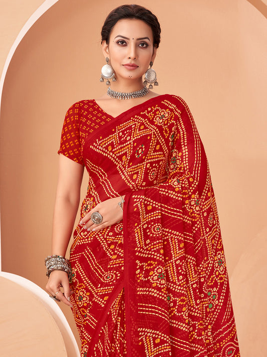 Red Bandhani Print Georgette Saree