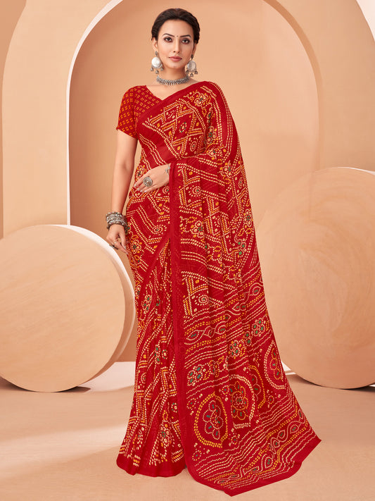 Red Bandhani Print Georgette Saree