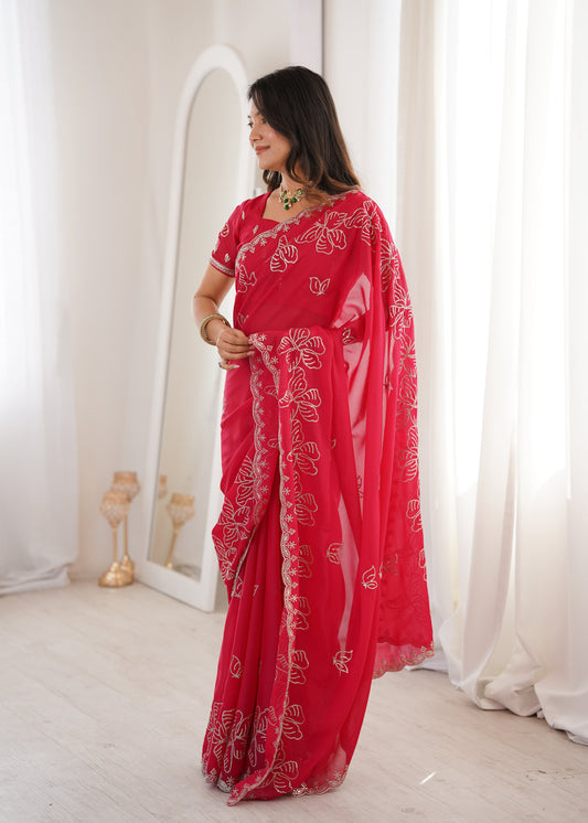 Red Georgette Embroidered Saree with Blouse