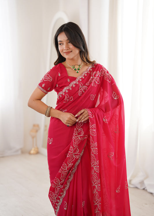 Red Georgette Embroidered Saree with Blouse