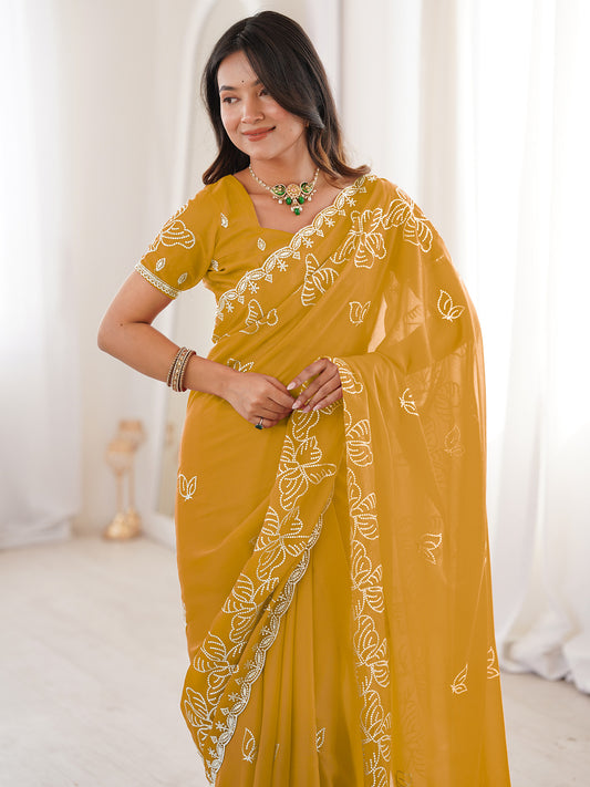 Mustard Georgette Embroidered Saree