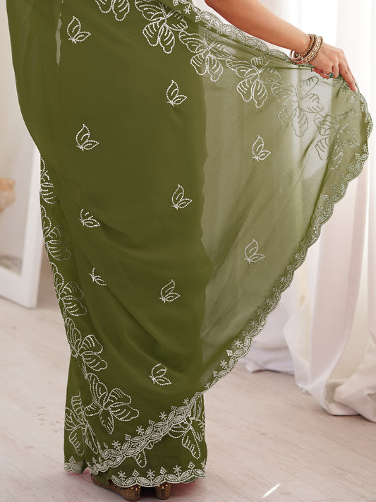 Olive Green Georgette Embroidered Saree