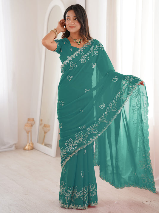 Teal Georgette Embroidered Saree with Blouse Piece