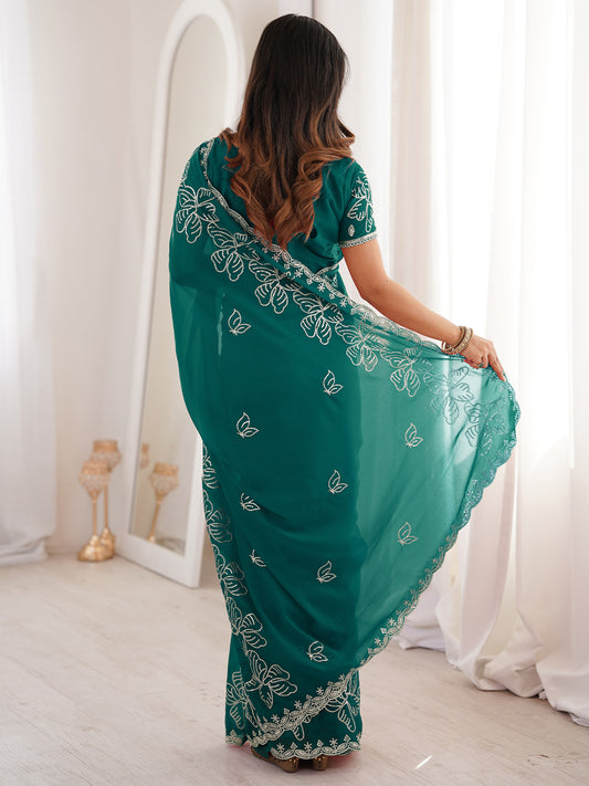 Teal Georgette Embroidered Saree with Blouse Piece