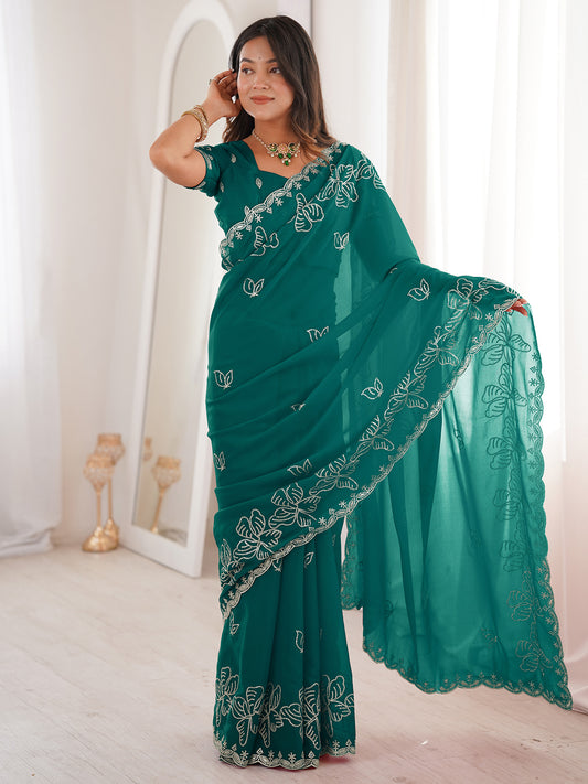 Teal Georgette Embroidered Saree with Blouse Piece