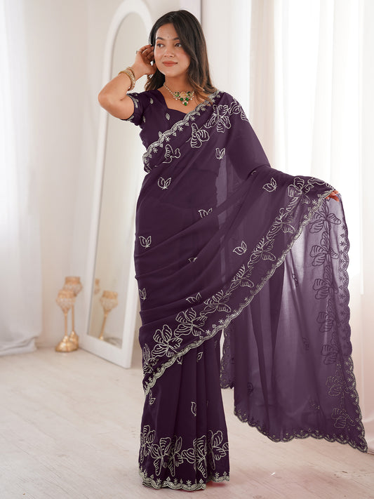 Purple Georgette Embroidered Saree with Blouse
