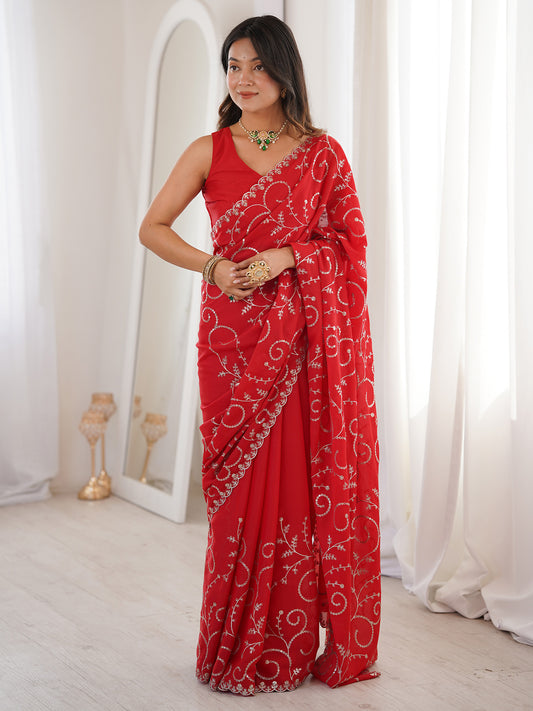 Red Embroidered Georgette Saree |