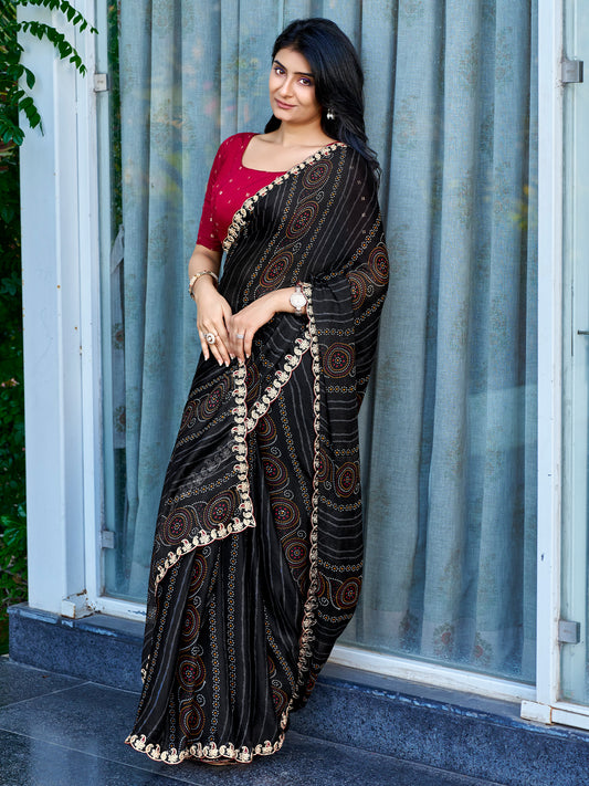 Kanika Black Bandhani Georgette Saree with Embellished Border & Maroon Blouse Piece