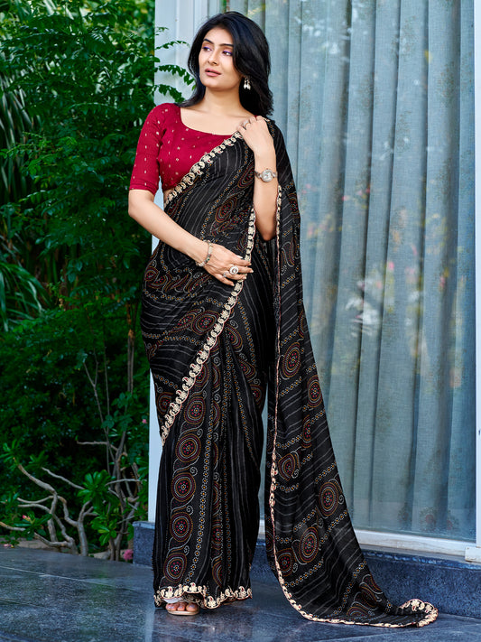 Kanika Black Bandhani Georgette Saree with Embellished Border & Maroon Blouse Piece