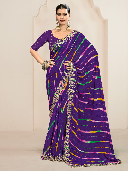 Purple Leheriya Georgette Saree with Embroidered Border & Blouse
