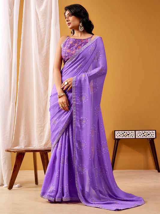 Lavender Bandhani Georgette Saree with Embroidered Blouse