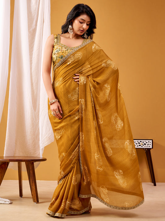 Mustard Embroidered Saree with Floral Blouse