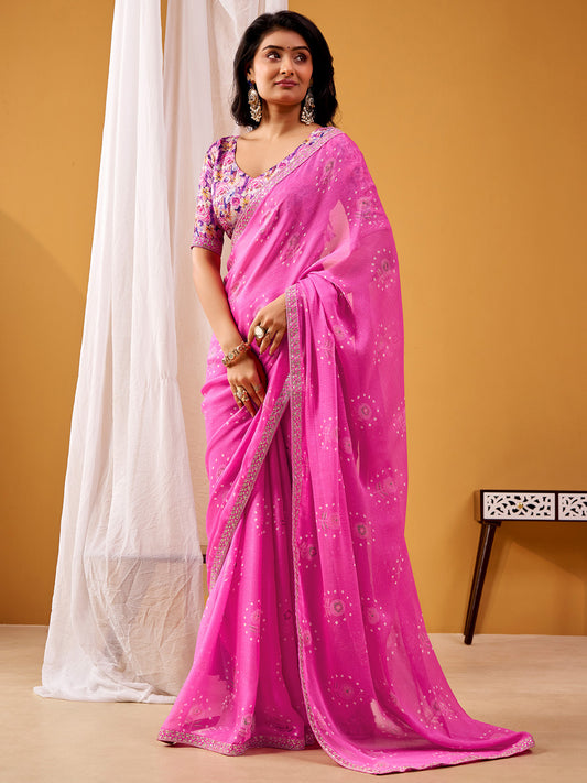 Pink Bandhani Georgette Saree