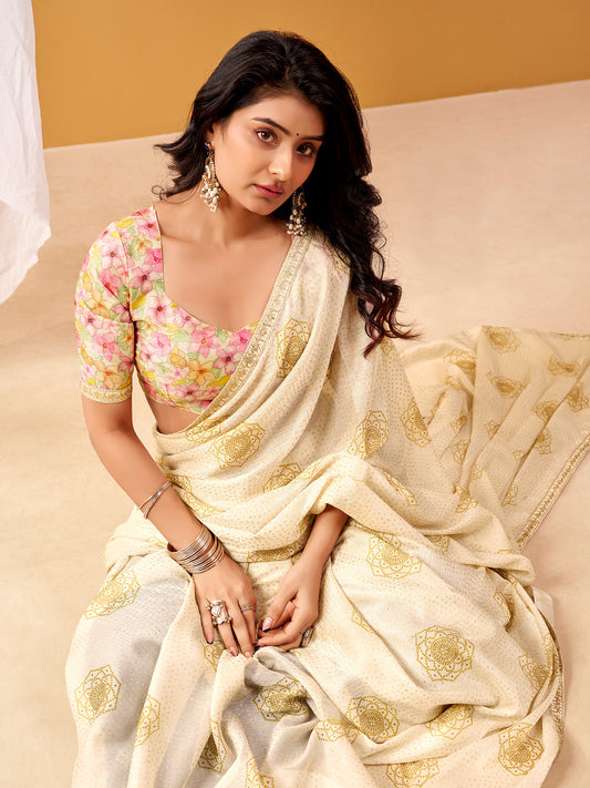 Ivory Gold Embroidered Chiffon Saree