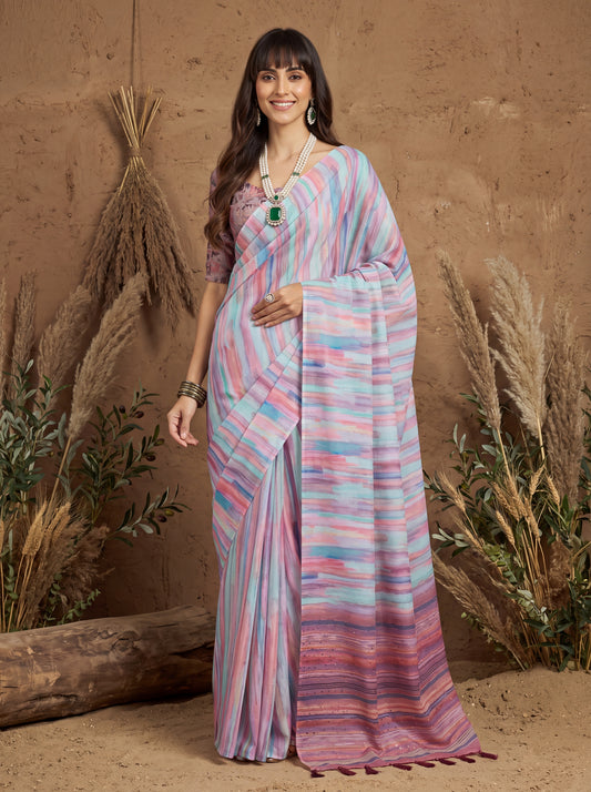 Aarohi Multicolored Ombre Georgette Saree with Solid Border & Mauve Blouse Piece