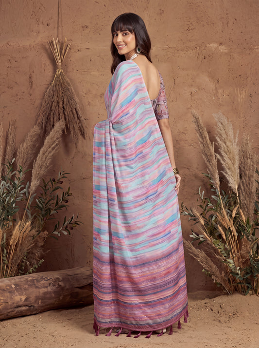 Aarohi Multicolored Ombre Georgette Saree with Solid Border & Mauve Blouse Piece