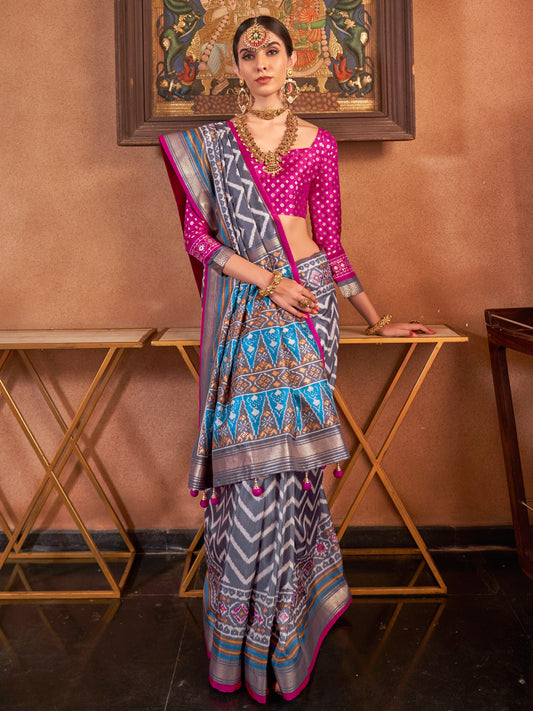 Grey & Pink Patola Silk Leheriya Woven Design Zari Border  Blouse Saree