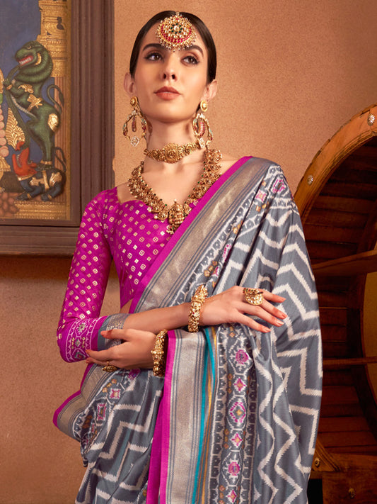 Grey & Pink Patola Silk Leheriya Woven Design Zari Border  Blouse Saree