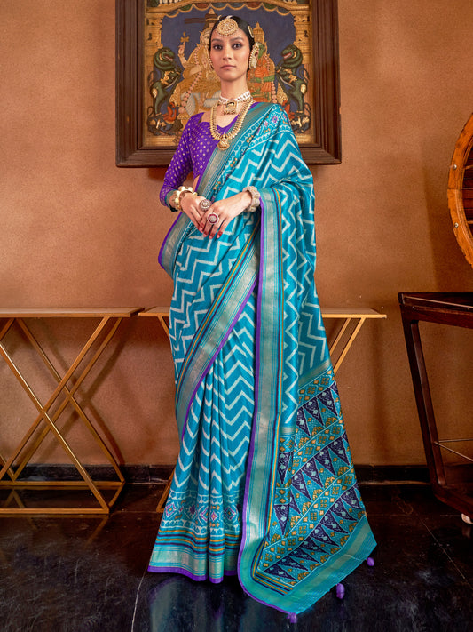 Sky Blue & Violet Silk Blend Heritage Patola Style Digital Printed Saree
