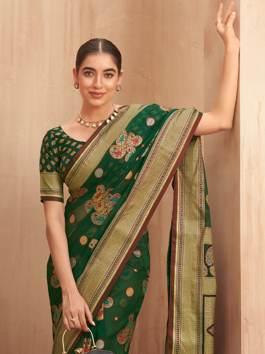 Bottle Green Silk Blend Heritage Patola Style Saree
