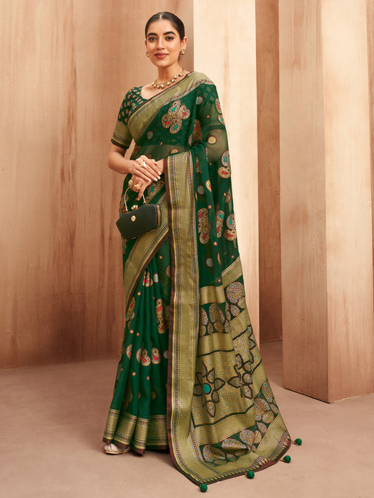 Bottle Green Silk Blend Heritage Patola Style Saree