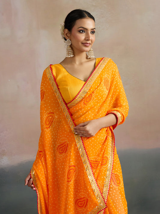 Mango Yellow Paisley Bandhani Georgette Saree