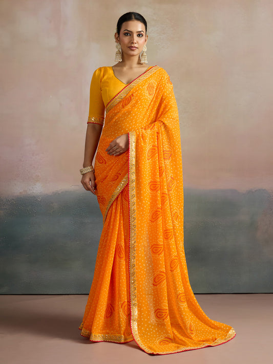 Mango Yellow Paisley Bandhani Georgette Saree