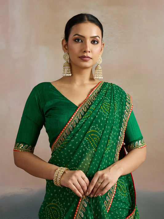 Green Paisley Bandhani Georgette Saree
