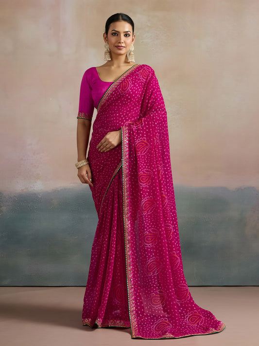Magenta Pink Paisley Bandhani Georgette Saree with Green Border