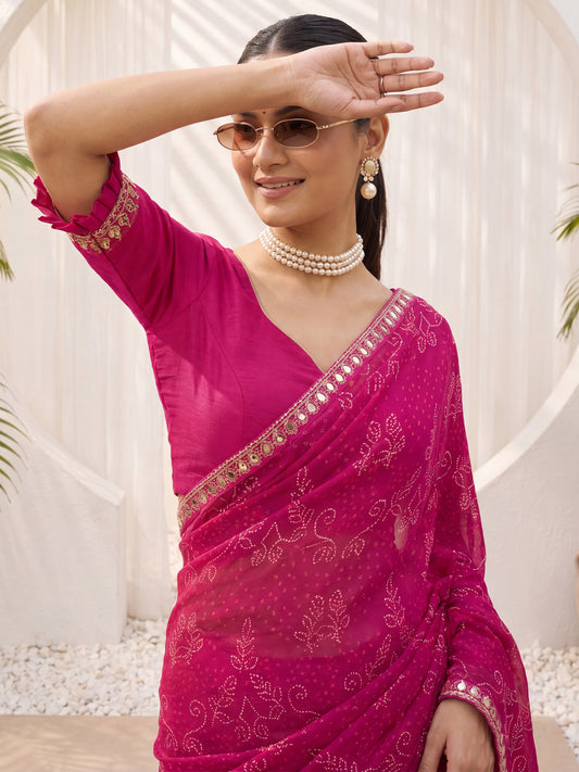 Rani Pink Foil Print & Mirror Embroidered Border Georgette Saree