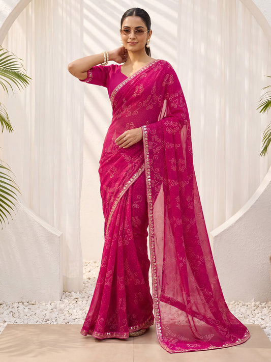 Rani Pink Foil Print & Mirror Embroidered Border Georgette Saree