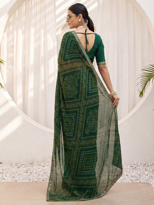 Dark Green Geometric Bandhani Print & Sequins Embroidered Border Georgette Saree
