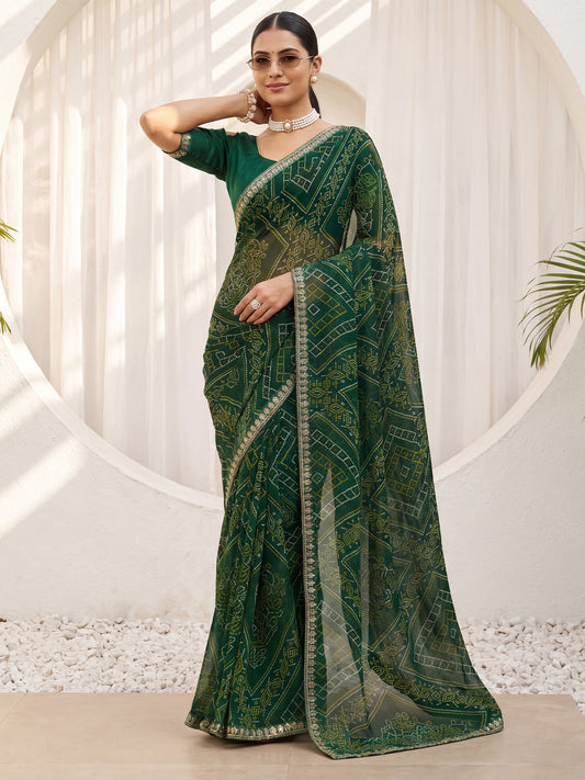Dark Green Geometric Bandhani Print & Sequins Embroidered Border Georgette Saree