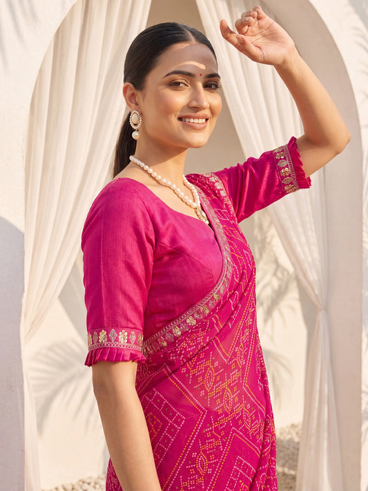 Rani Pink Geometric Bandhani Print & Sequins Embroidered Border Georgette Saree