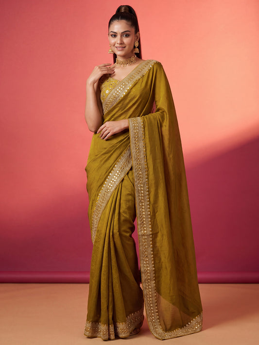 Elegant Olive Mustard Green Saree
