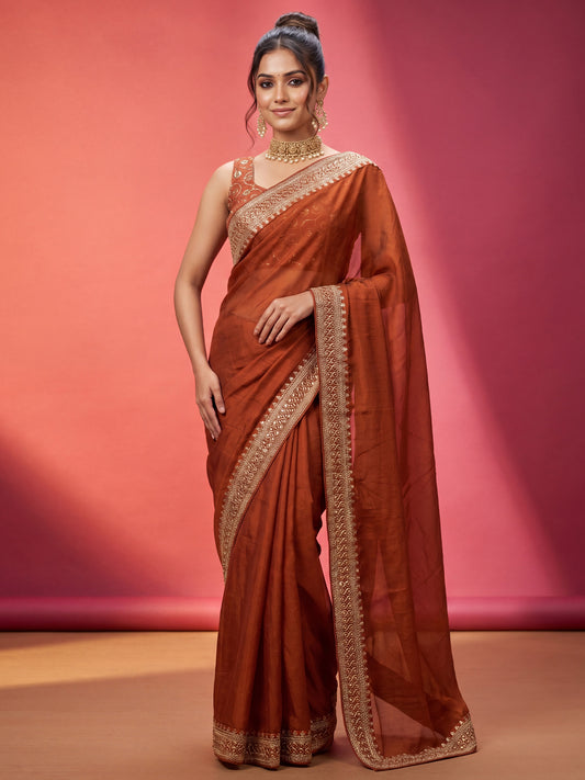 Elegant Rust Terracotta Silk Georgette Saree