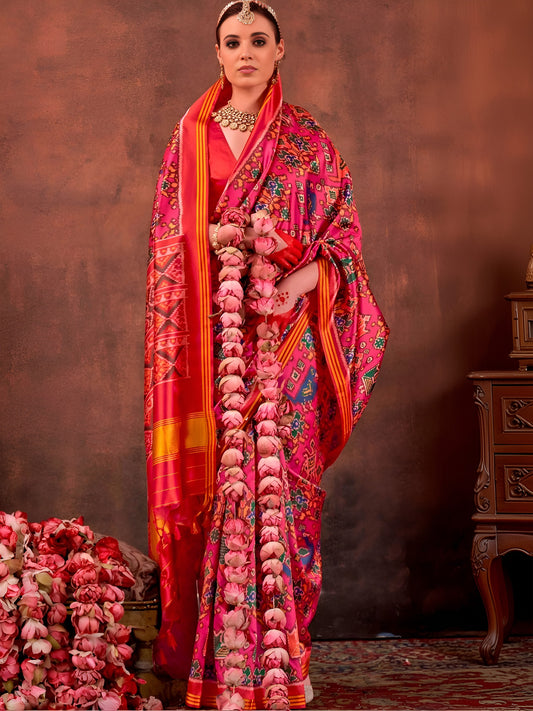 Pink Patola Silk Saree with Traditional Motifs