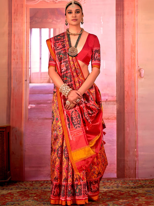 Red Patola Silk Saree with Traditional Motifs