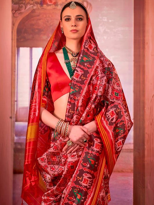 Maroon Patola Silk Saree with Traditional Motifs