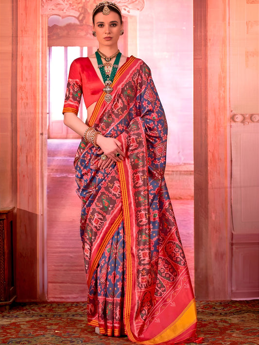 Blue Patola Silk Saree with Traditional Motifs