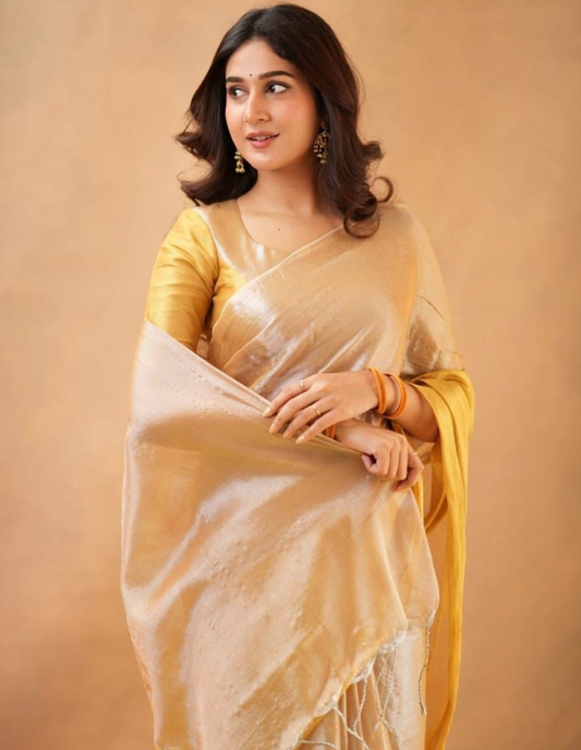 Silver & Gold Tissue Linen Saree with Broad Zari Stripes