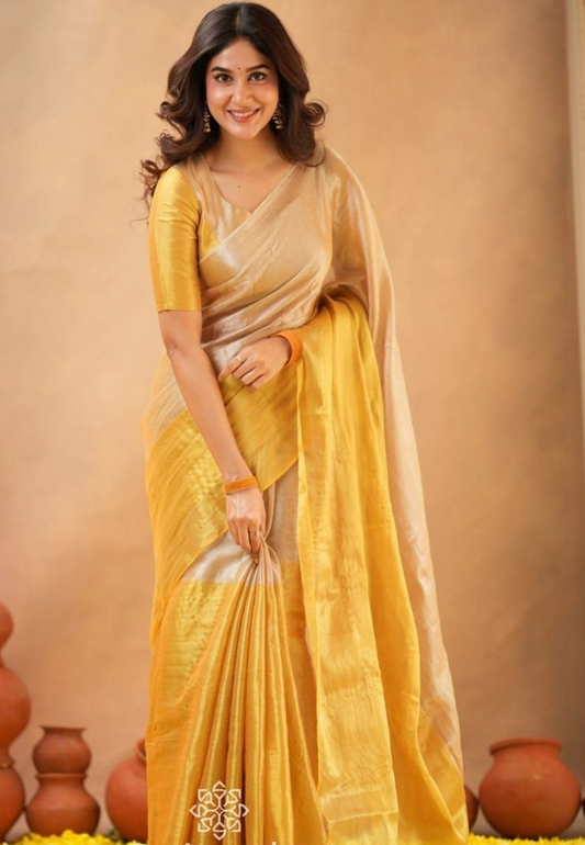Silver & Gold Tissue Linen Saree with Broad Zari Stripes