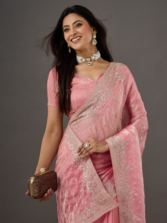 Baby Pink Silver Zari Thread Embroidery Chiffon Saree