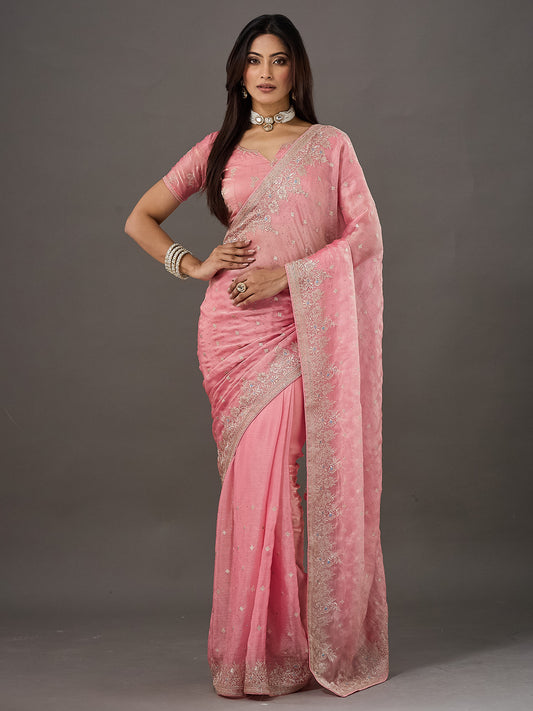Baby Pink Silver Zari Thread Embroidery Chiffon Saree