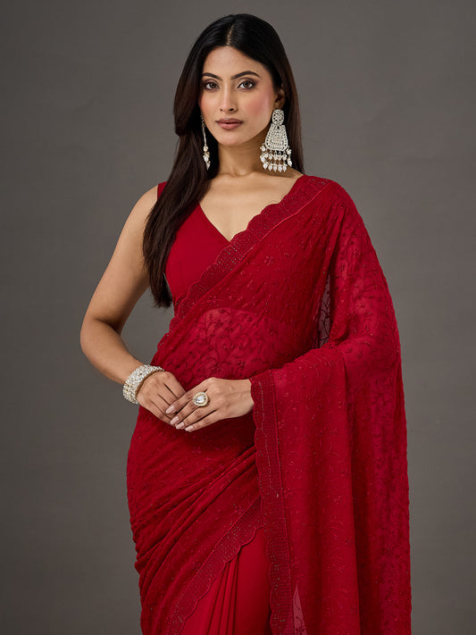 Deep Red Sequin & Thread Embroidery Georgette Saree